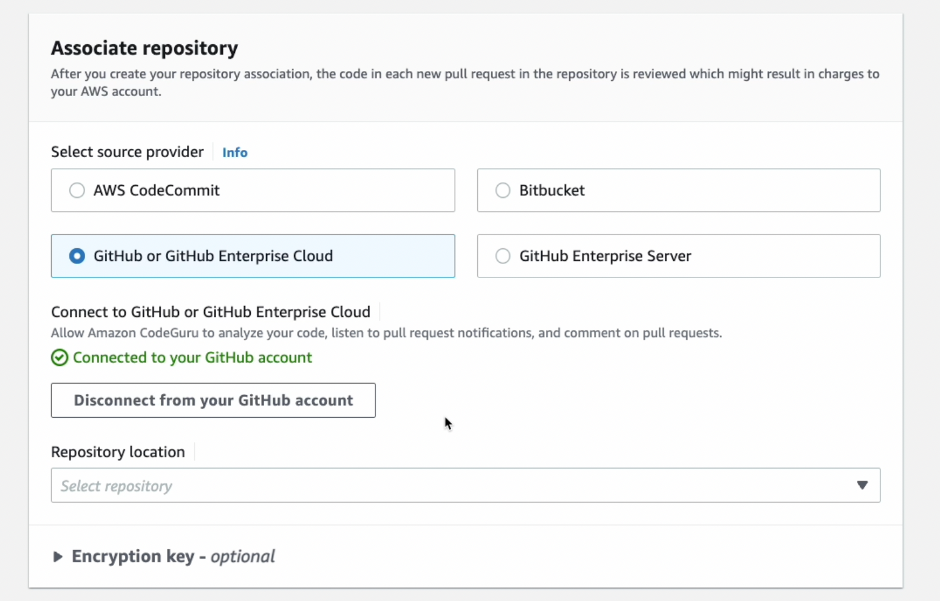 Shows Associate repository step in the CodeGuru wizard with "GitHub or GitHub Enterprise Cloud" option selected.