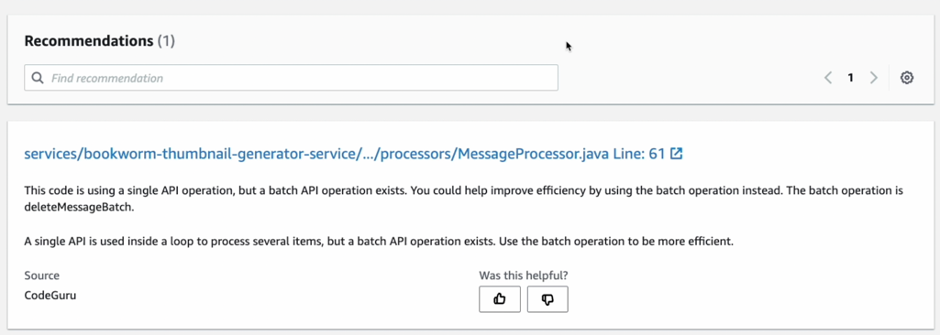 Shows example recommendation from CodeGuru Reviewer
