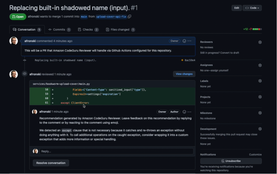 Shows example recommendation from CodeGuru Reviewer inside GitHub PR UI after running it as a GitHub Actions pipeline.