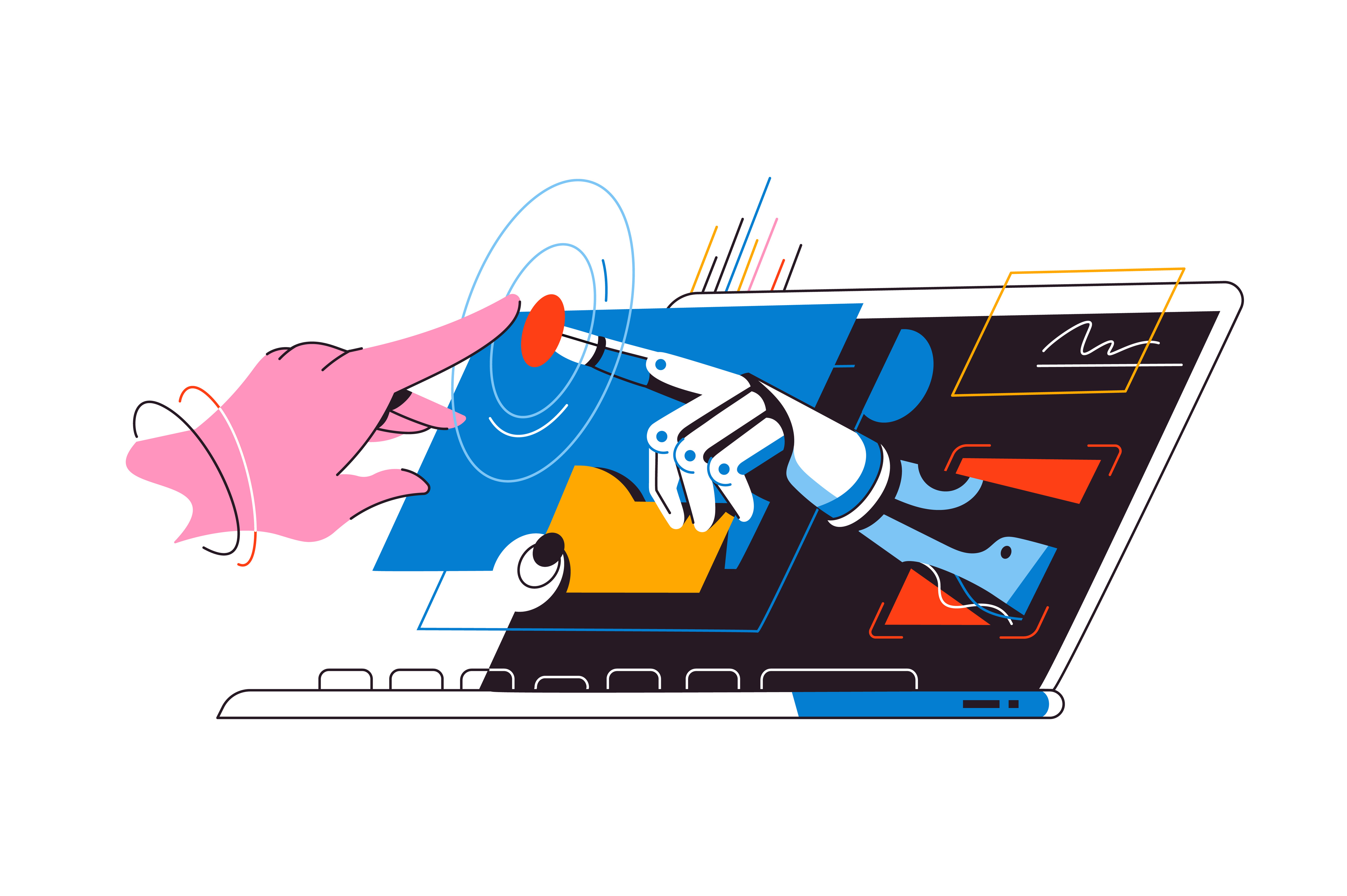a human hand reaches toward a robotic hand, which extends from the screen of a computer