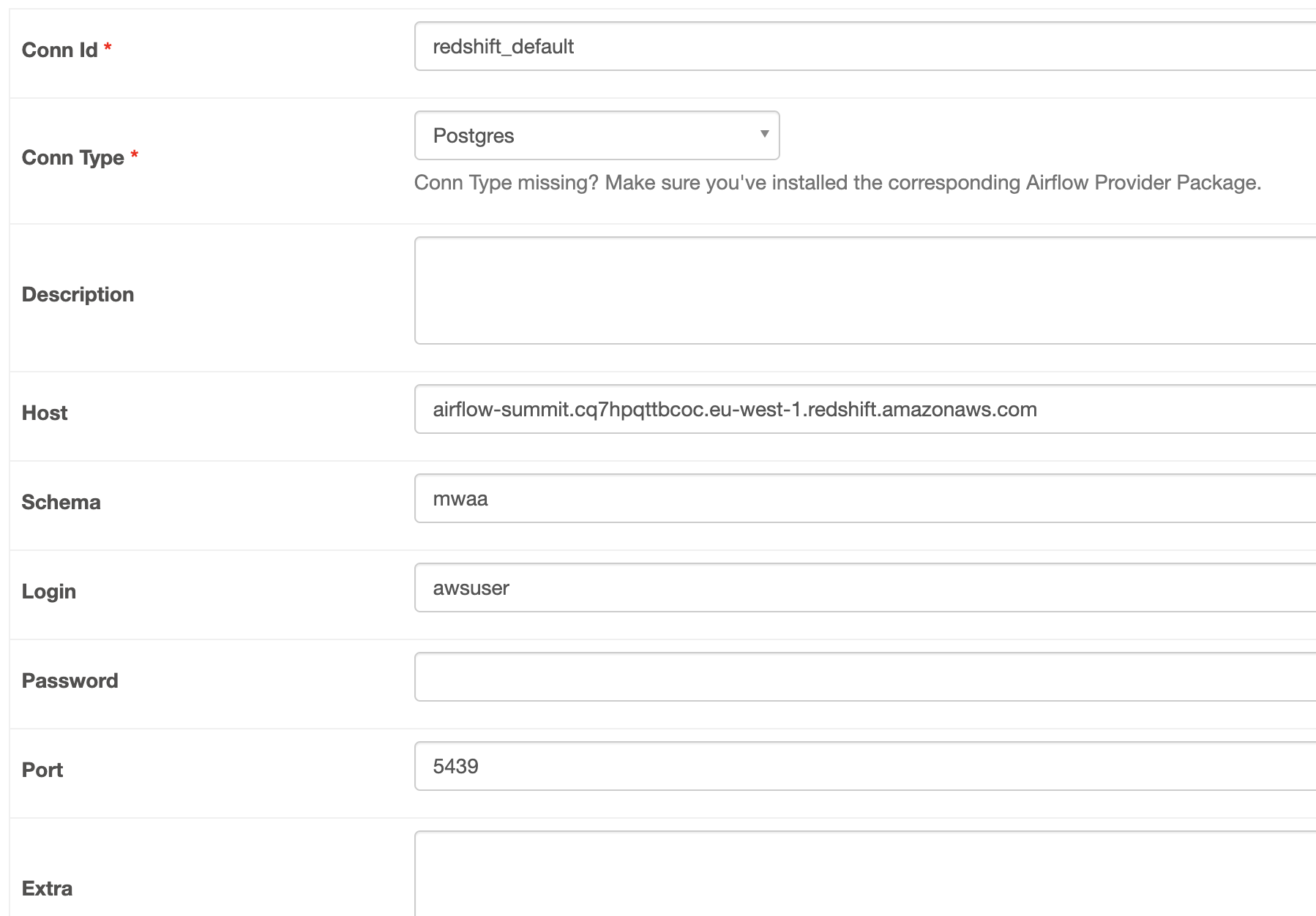 example screenshot from apache airflow ui configuring amazon redshift connection