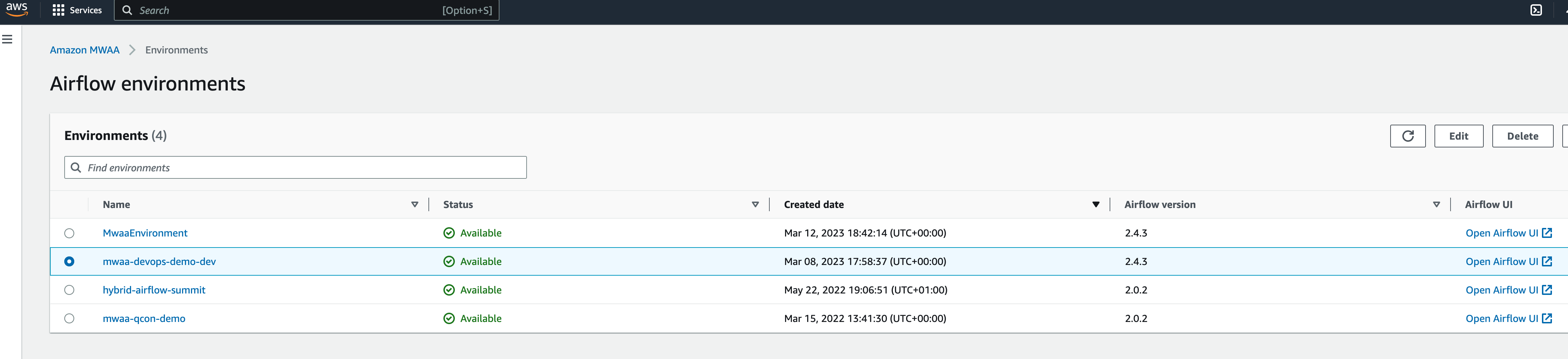 The Managed Workflows for Apache Airflow console listing our newly created Apache Airflow environment