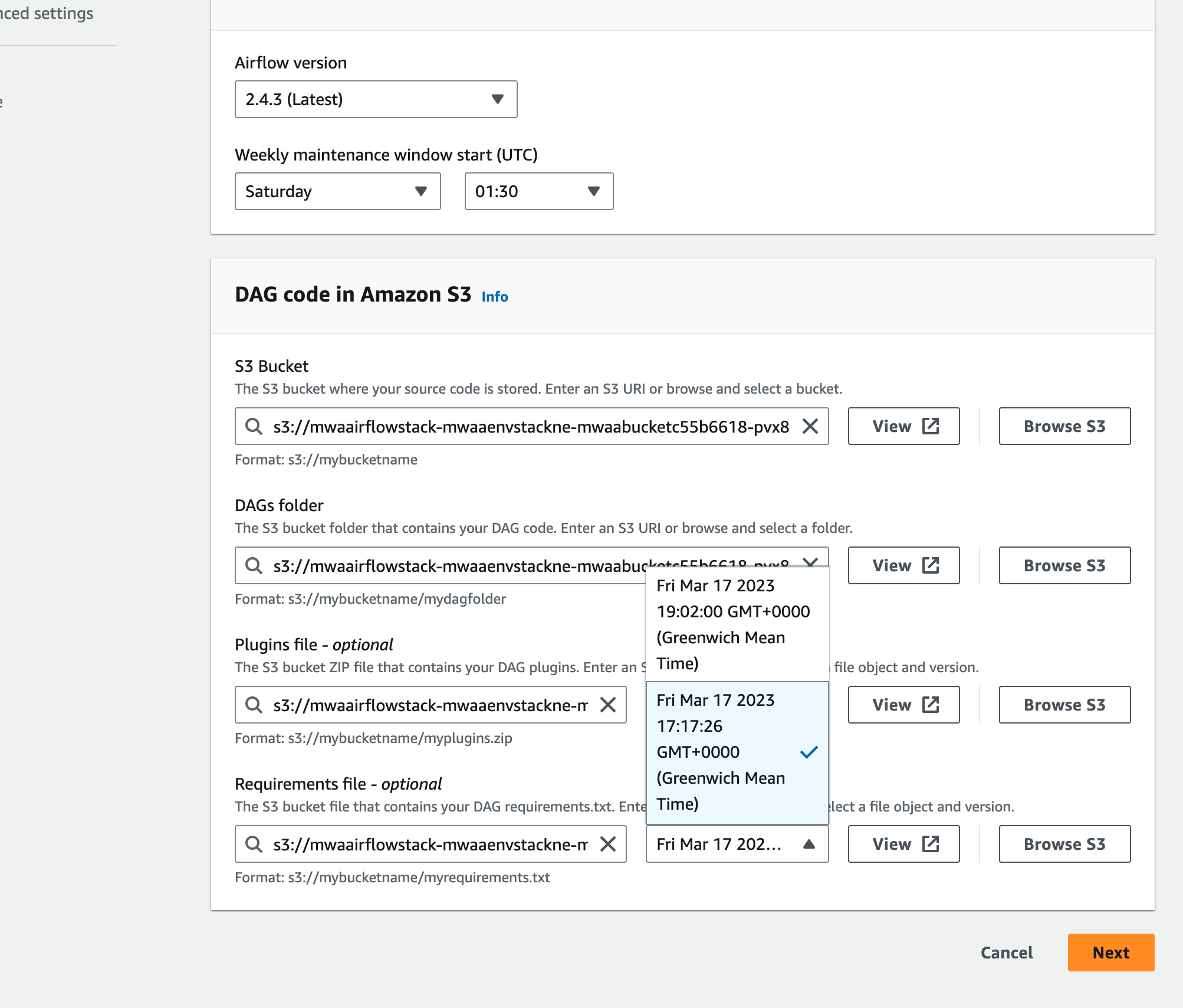 Screenshot of MWAA environment showing plugin and requirements.txt