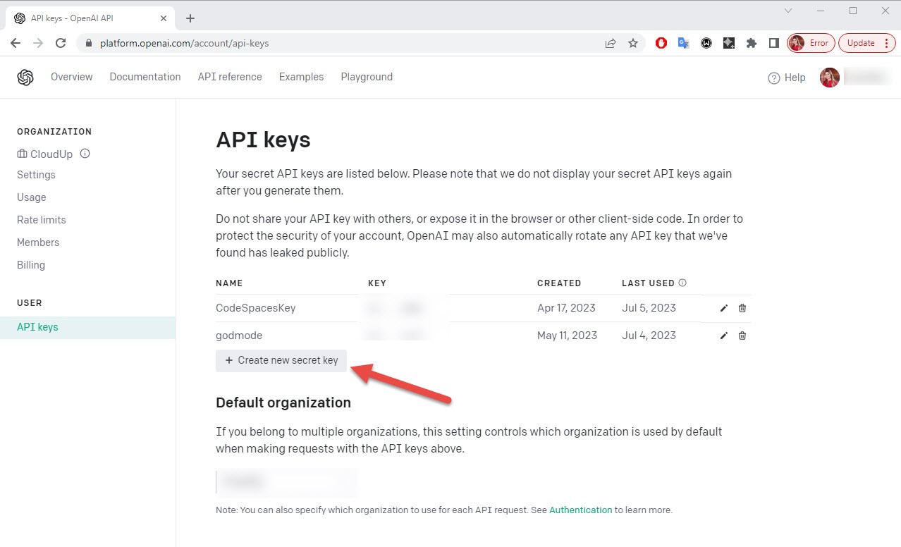 OpenAI API key creation