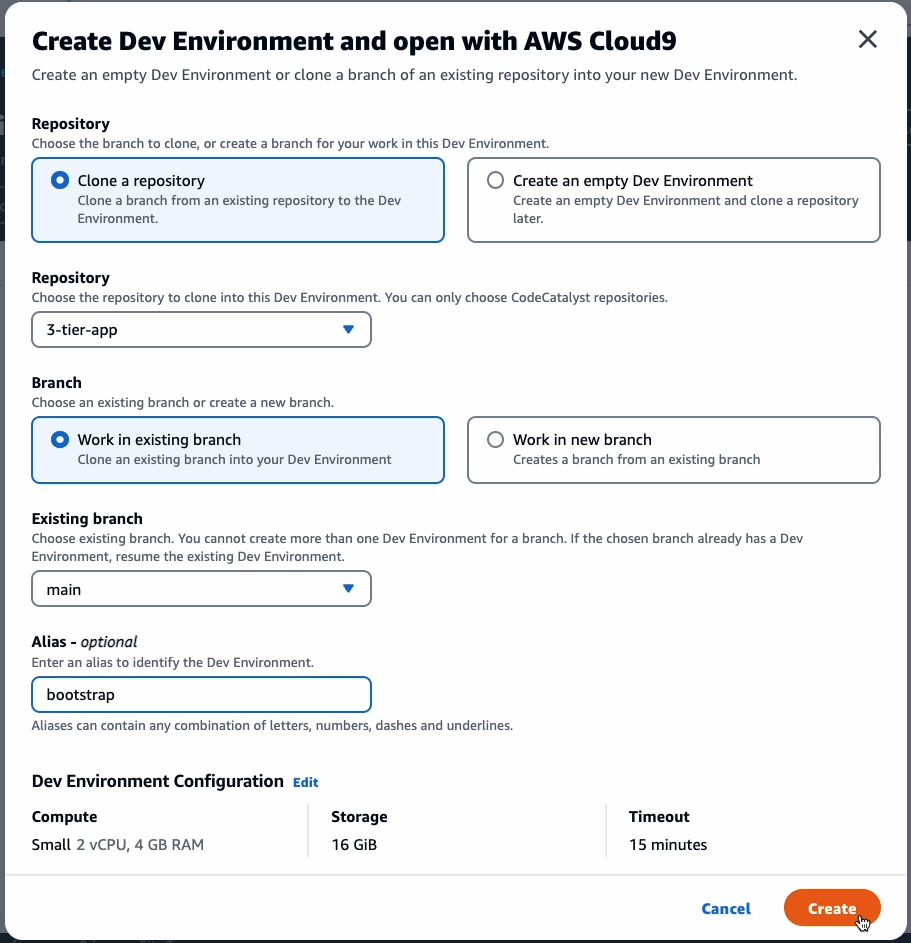 CodeCatalyst Create Dev Environment IDE dialog