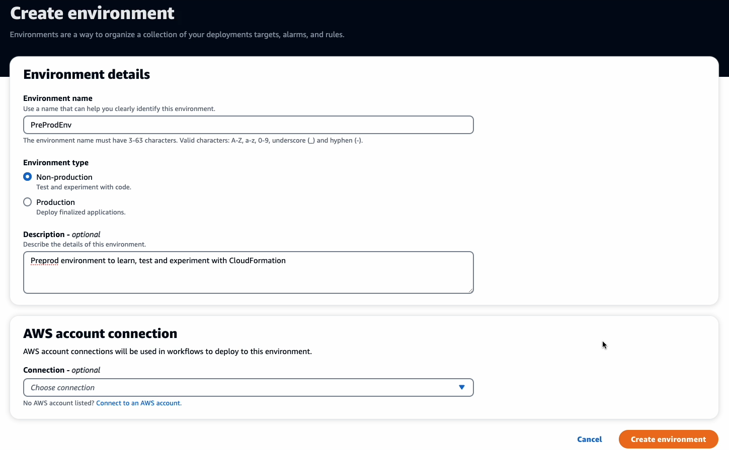 CodeCatalyst Create Deployment Environment dialog