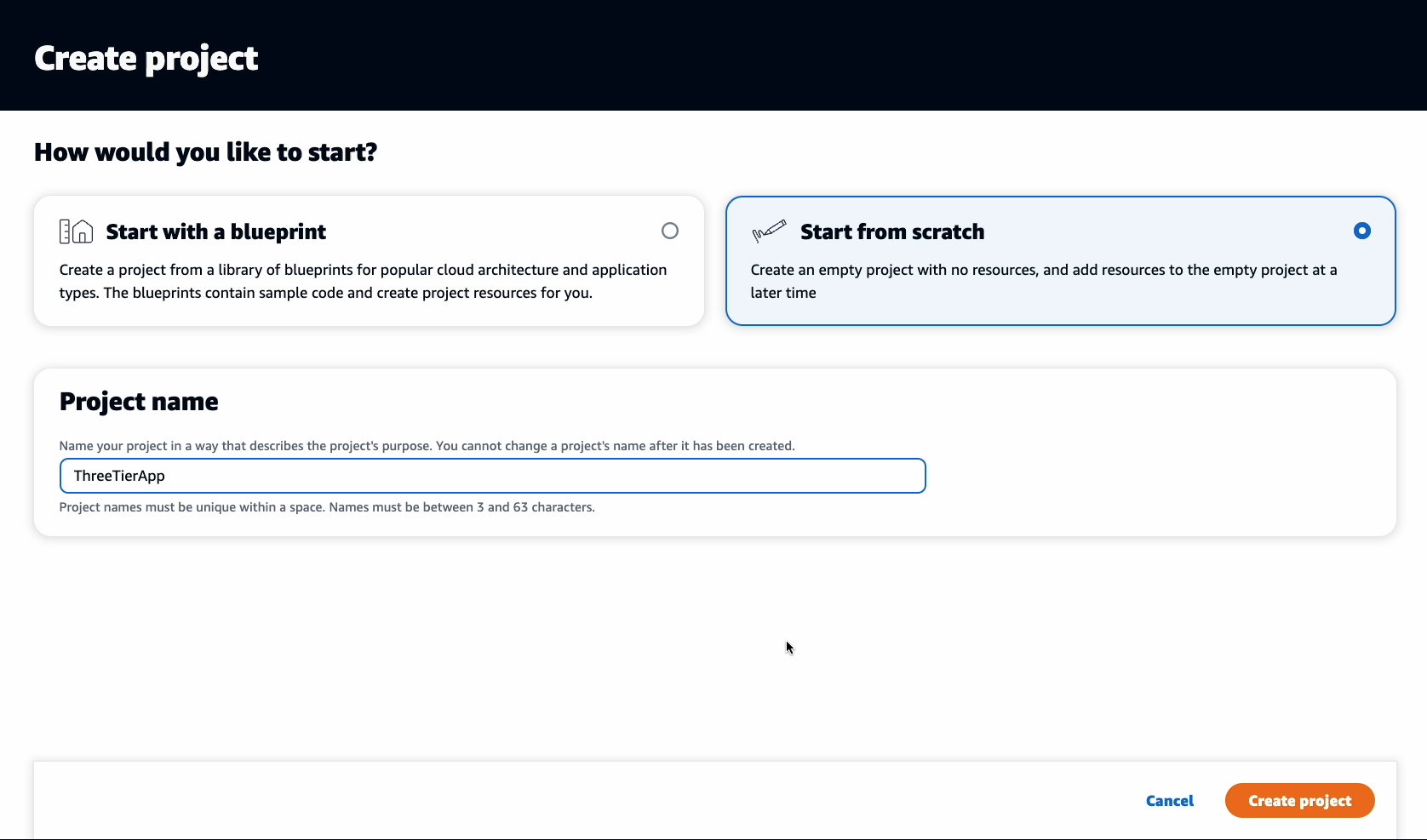 CodeCatalyst Create Project dialog