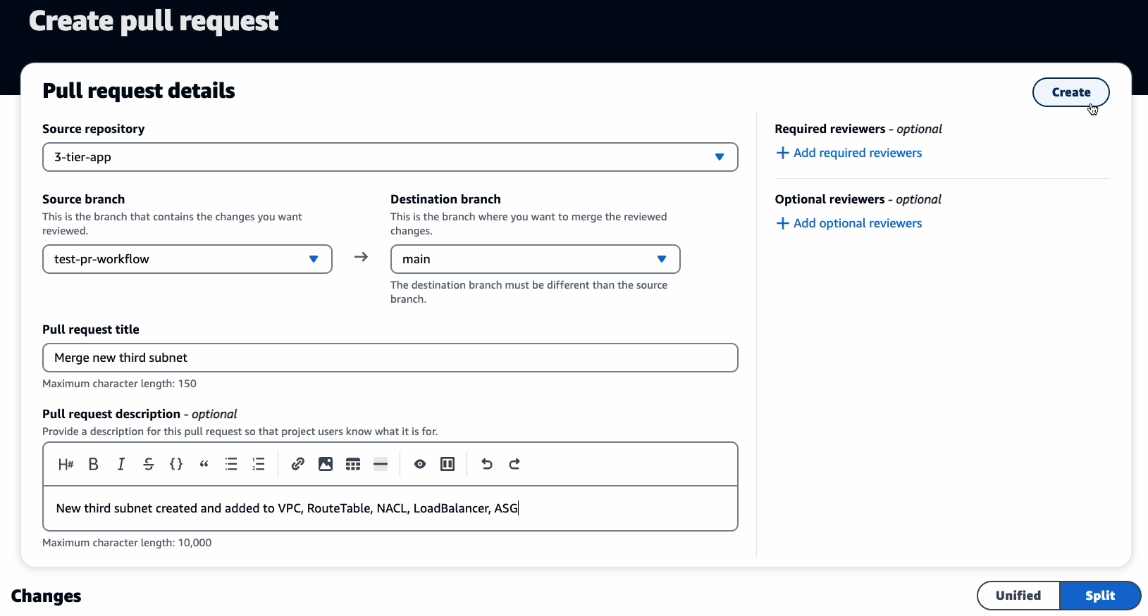 CodeCatalyst Create Pull request Dialog