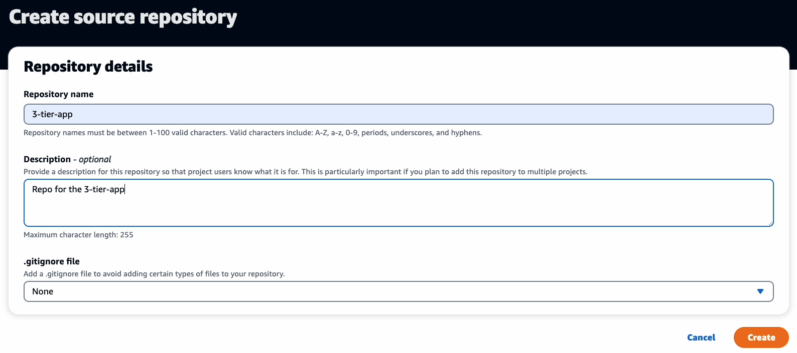 CodeCatalyst Create Repository dialog