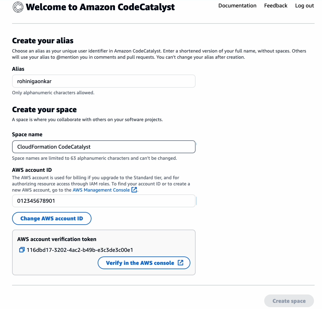 CodeCatalyst Create Space dialog