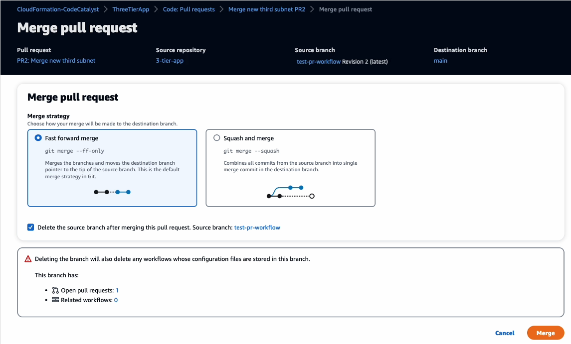 CodeCatalyst Merge Pull request dialog
