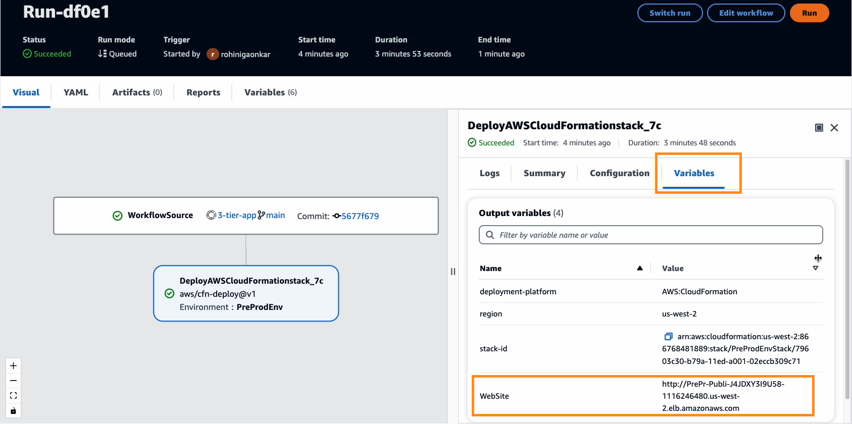 CodeCatalyst Workflow run variables output website