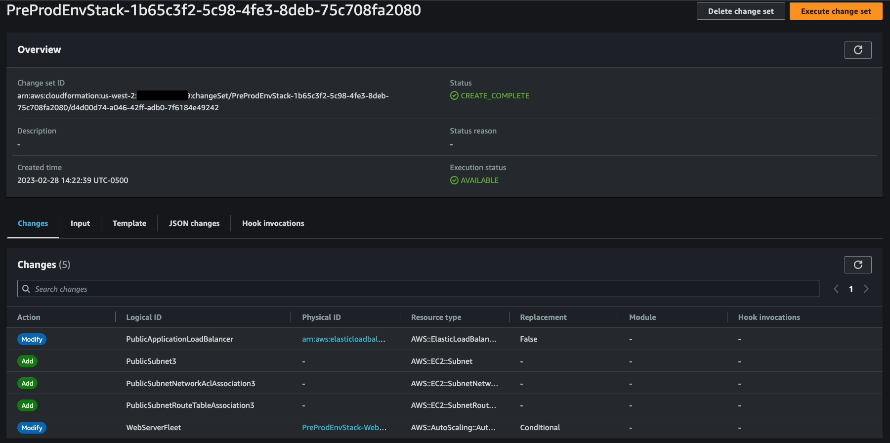 Console CloudFormation Changeset created 