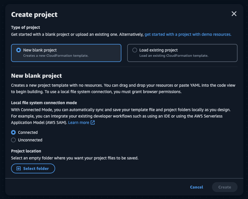 Console Create Project Dialog box new blank project and connected mode