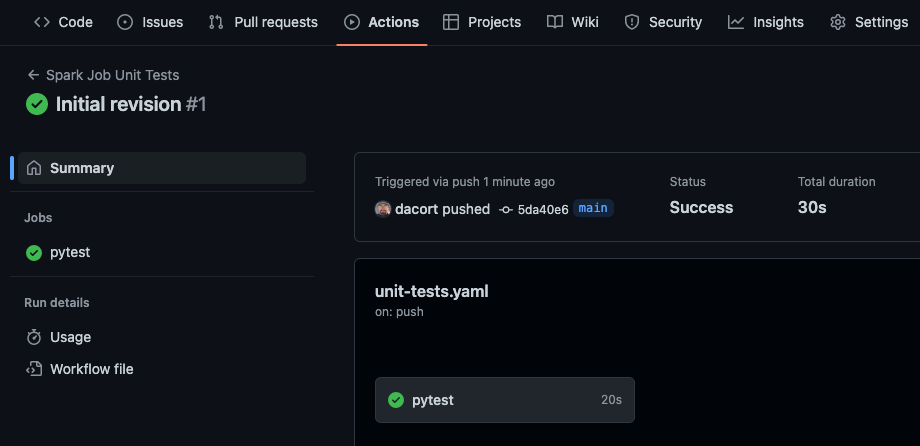 Screenshot of GitHub Action unit test running