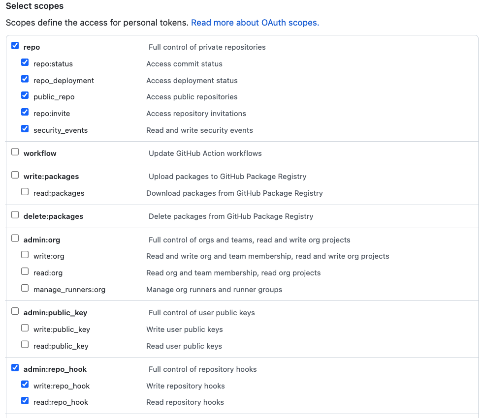 GitHub token scopes provide access to repo and admin repo hook