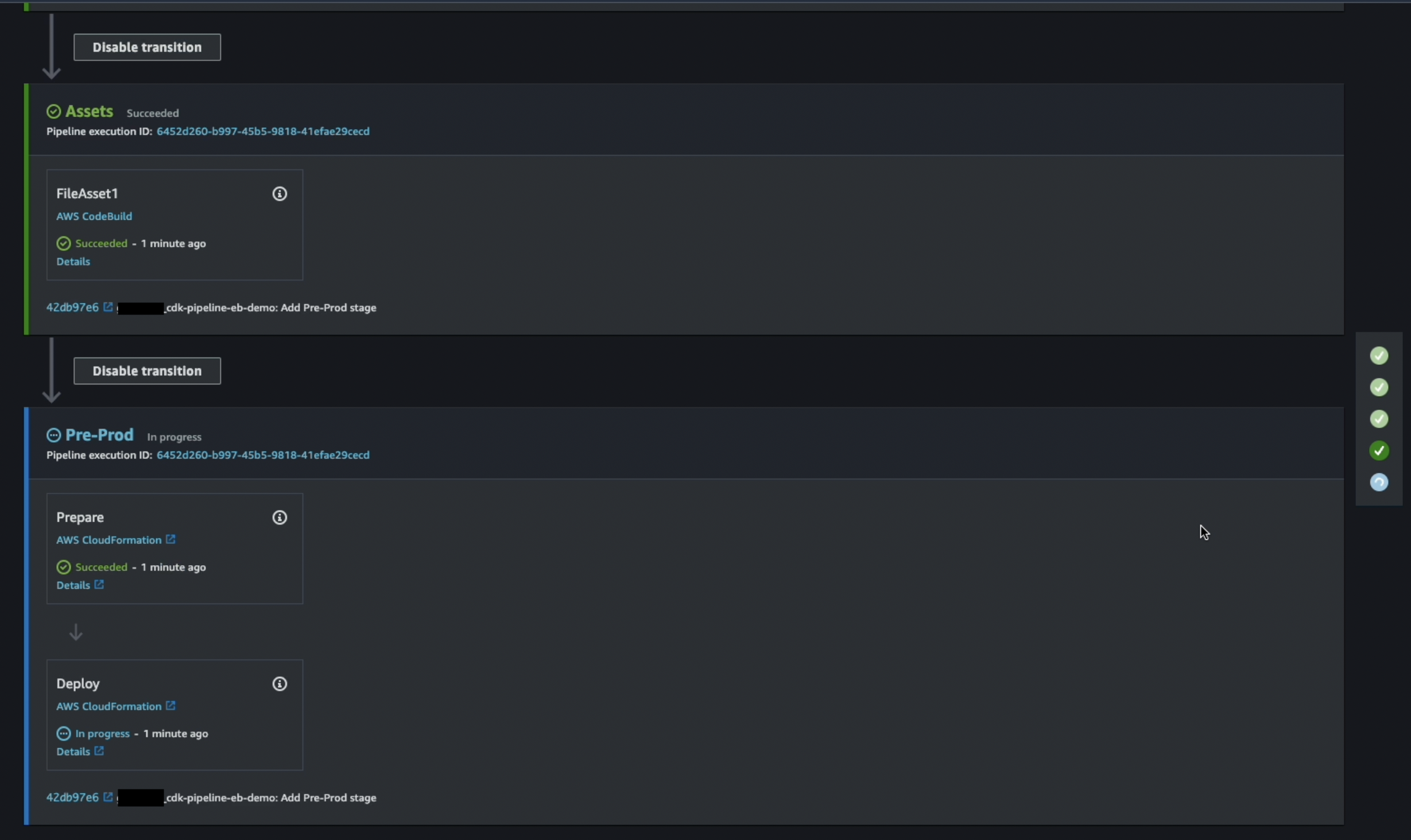 CodePipeline running the new stages Assets and Pre-prod