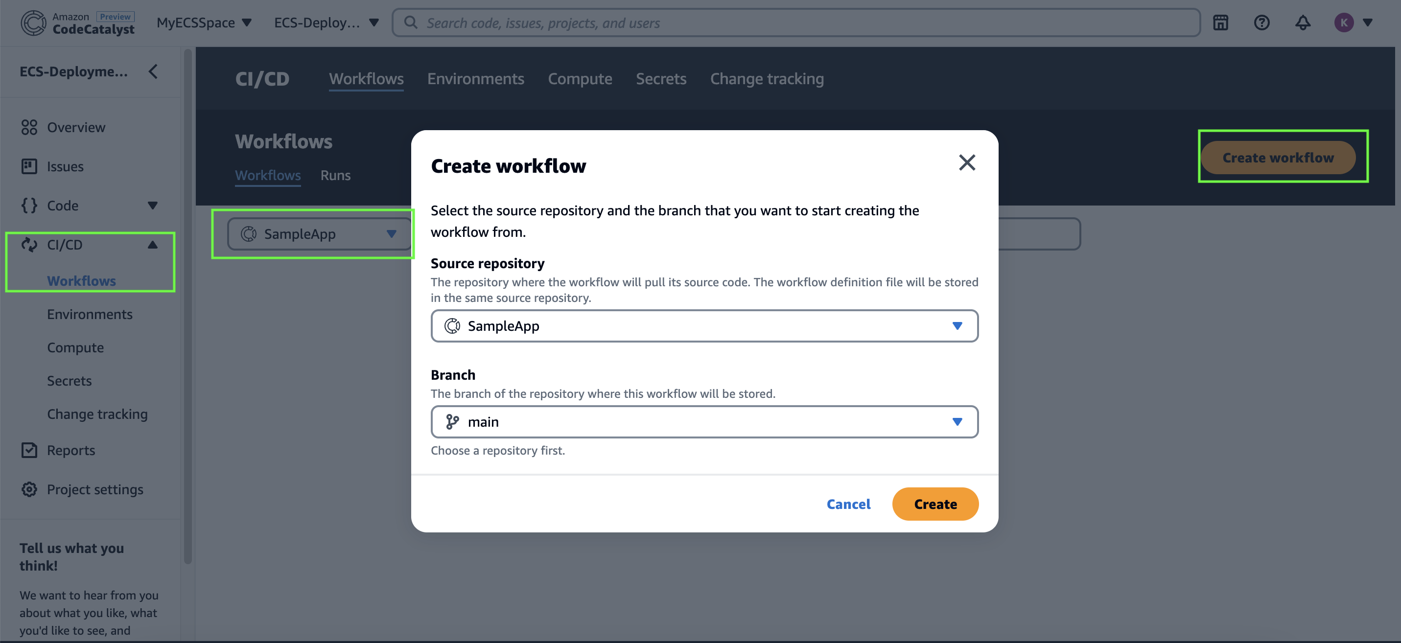 Create CodeCatalyst workflow dialog to create one for the SampleApp repository on the main branch