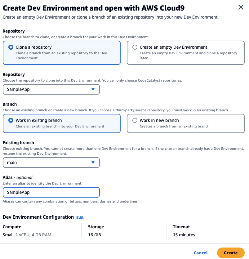 Create a dev environment that clones the SampleApp repository using the main branch.