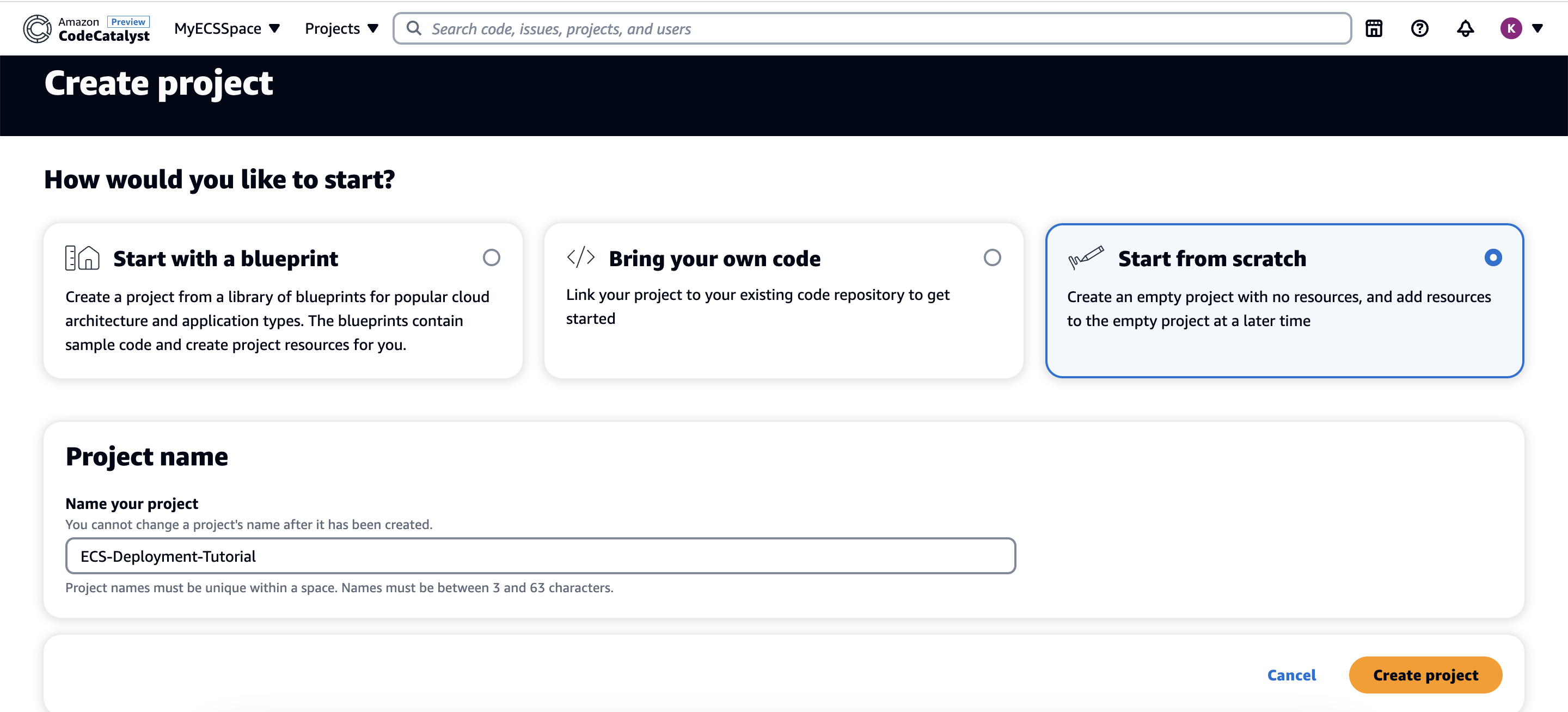 Create CodeCatalyst Project screen with name for the project as "ECS-Deployment-Tutorial"