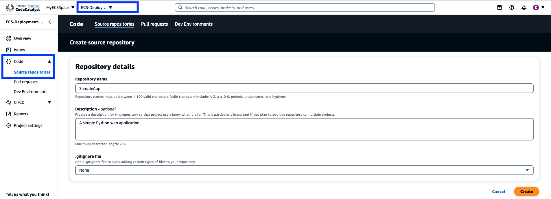 CodeCatalyst Repository section to create a new repository