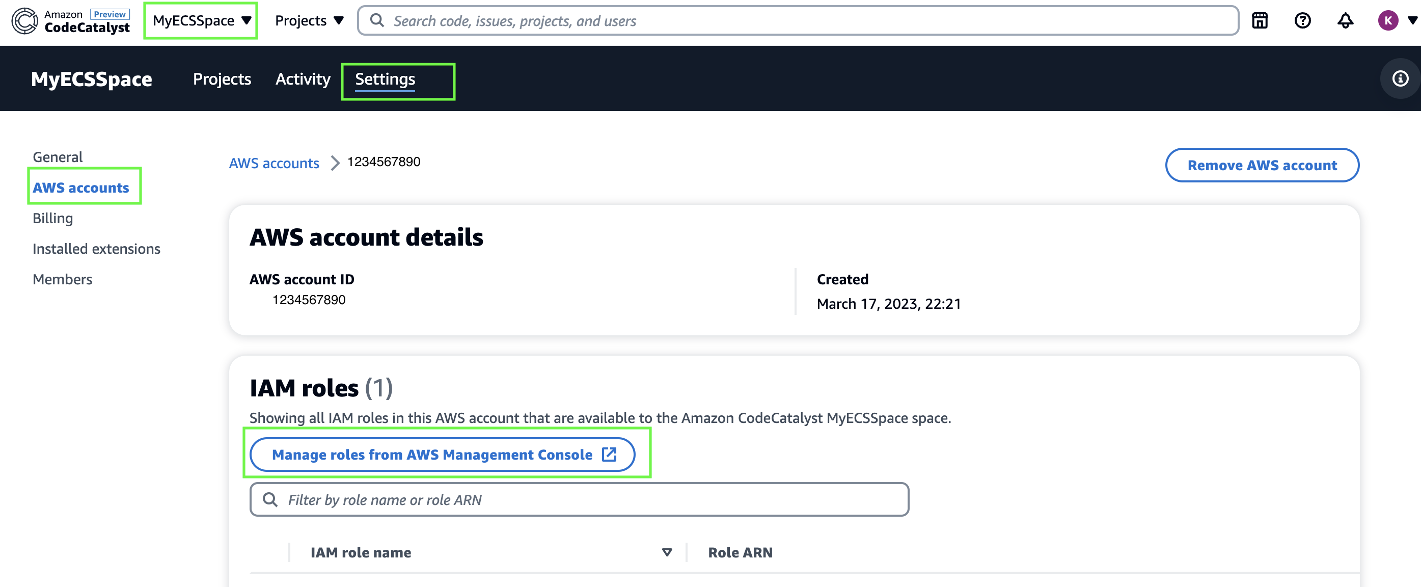 CodeCatalyst console showing where to click to add the IAM role for CodeCatalyst