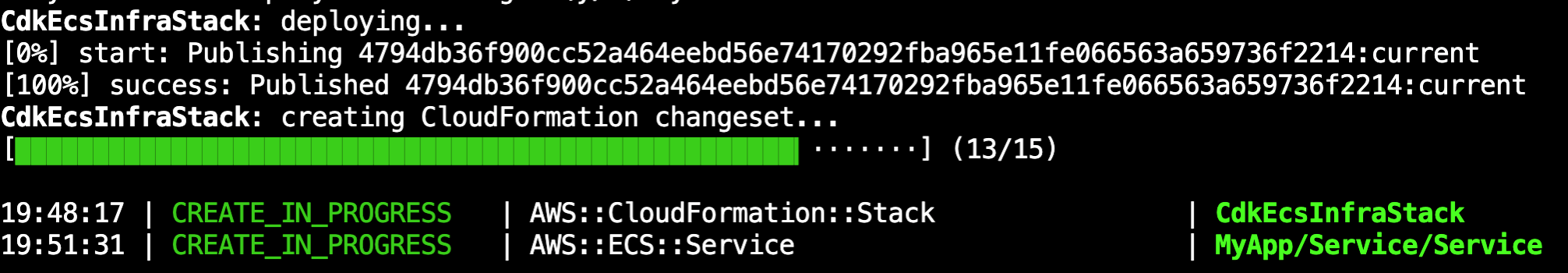 Cdk deployment output showing resources being created, with a progress bar