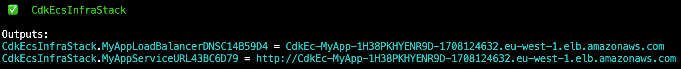 Cdk deployment output showing the successfully completed infrastructure creation, with outputs of the loadbalancer DNS and URL to access the application