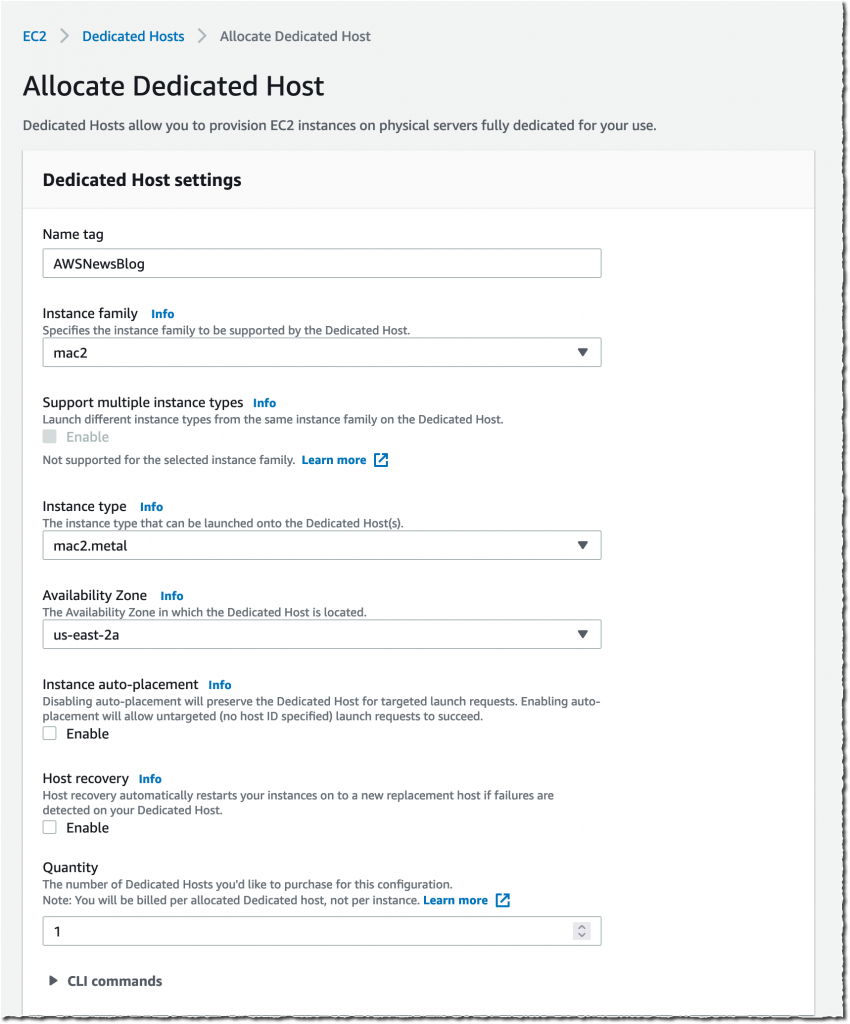 AWS Console EC2 dedicated hosts