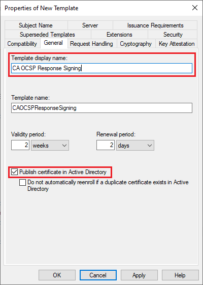 Image showing the settings you need to change in the "General" tab of the new Certificate Template you are creating