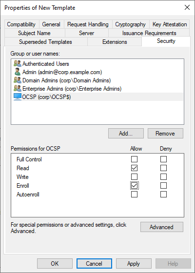 Image showing an example of adding Read and Enroll permissions to a specific computer object in the Security tab of this new Certificate Template