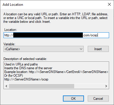 Image demonstrating adding a OCSP URL into the CA 
