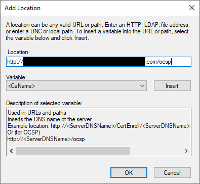 Image demonstrating adding a OCSP URL into the CA