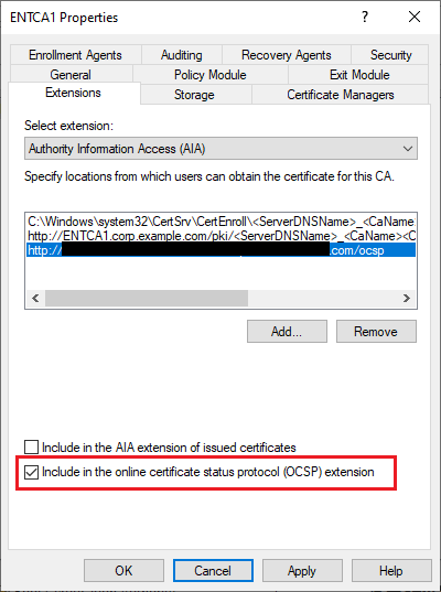 Image showing the properties on the CA and specifically the new OCSP URL you added and a checkbox "Include in the OCSP extension" that you need to check
