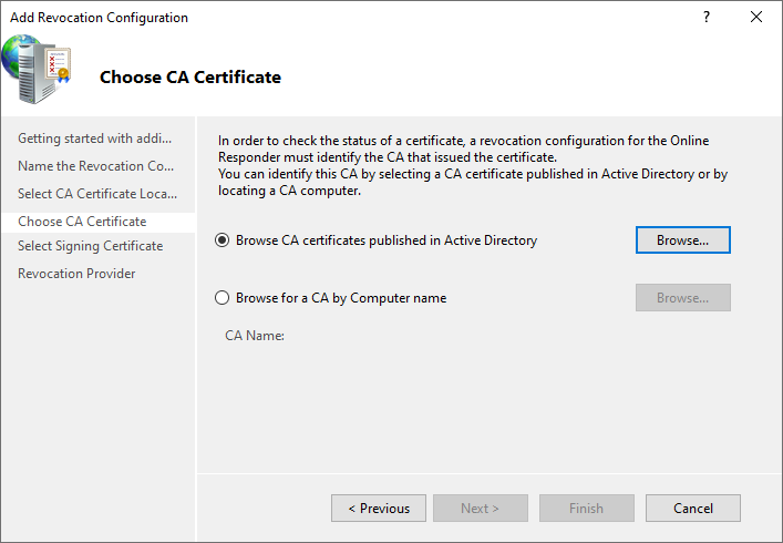Image showing the "Choose CA Certificate" step in the "Add Revocation Configuration" wizard
