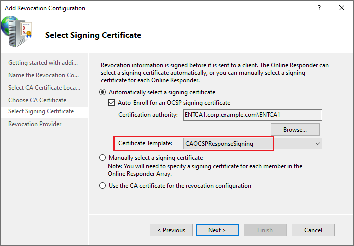 Image showing the "Select Signing Certificate" step in the "Add Revocation Configuration" wizard