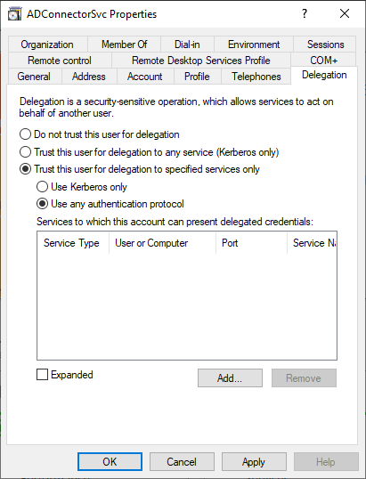 Image showing the "Delegation" tab on a sample AD user account in dsa.msc