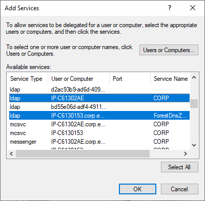 Image showing the Add Services window and selecting each entry that has a Service Type of ldap for the Windows Domain Controllers