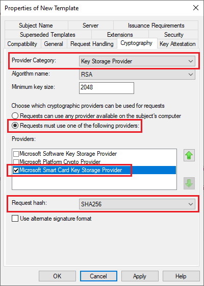 Image showing the "Cryptography" tab when creating a new Certificate Template and highlighting the configurations you need to change