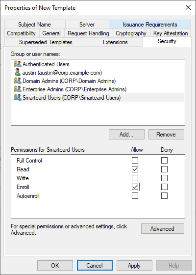 Image showing the "Security" tab when creating a new Certificate Template and highlighting a sample AD group that was added and granted Read and Enroll permissions