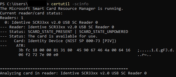 Image showing a successful sample output of the "certutil -scinfo" command