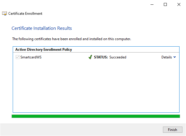 Image showing the successful request of a certificate and successful installation of the certificate onto the smart card
