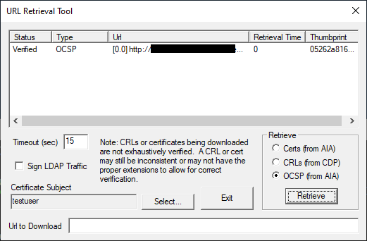 Image showing a successful retrieval in the "URL Retrieval Tool" with an entry showing the status "Verified"