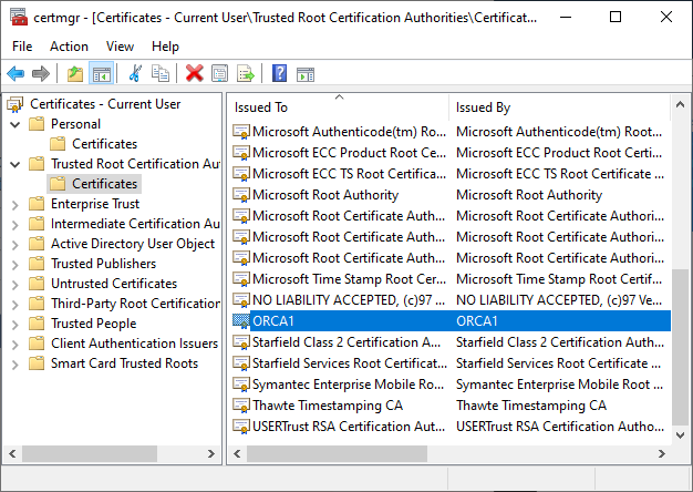 Image showing the "Trusted Root Certification Authorities" store and highlighting a sample root certificate in the chain "ORCA1" 
