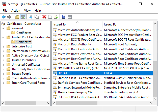Image showing the "Trusted Root Certification Authorities" store and highlighting a sample root certificate in the chain "ORCA1"