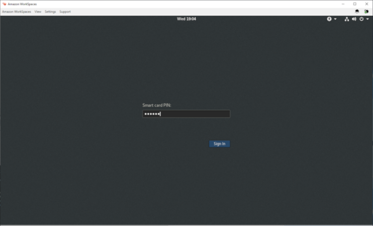 Image showing the WorkSpaces Client at the Linux logon page requesting the user to enter their smart card PIN again