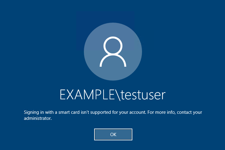 Image showing the Windows logon page returning a "Signing in with a smart card is not supported for your account error