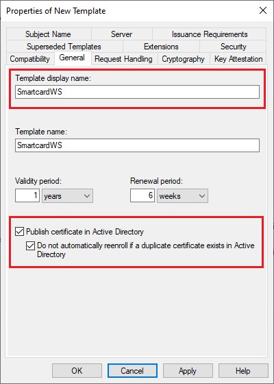 Image showing the "General" tab when creating a new Certificate Template and highlighting the configurations you need to change