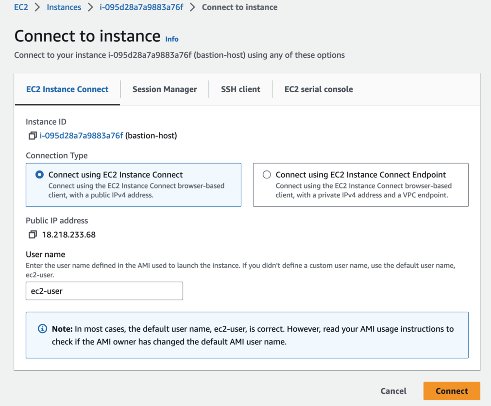 EC2 instance dialog to connect to the instance