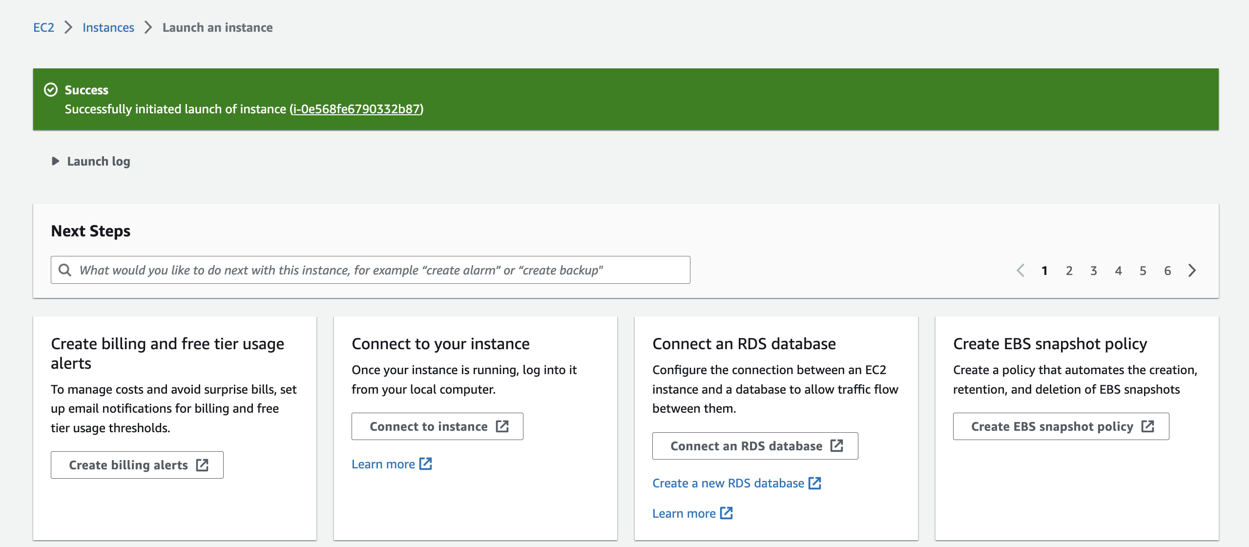 EC2 Dashboard in the AWS console with a green banner showing that the instance was launched successfully
